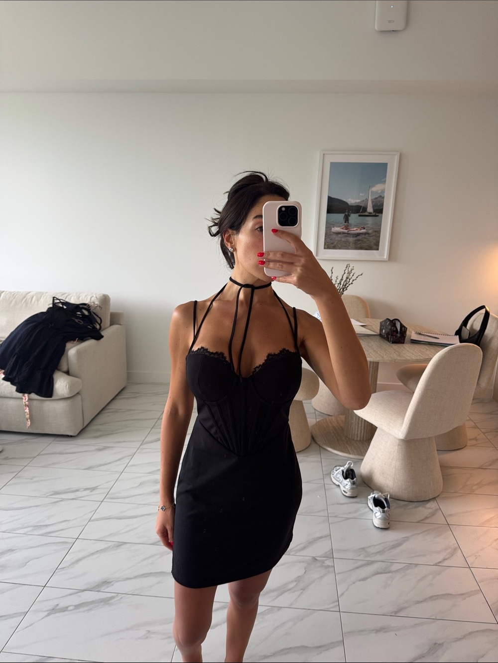 Black Strappy Mini Dress with Lace Trim